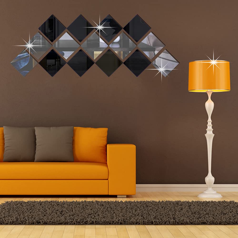 Betinyar 15 Pieces Removable Square Acrylic Mirror Wall Decor, Self-Adhesive Mirror Wall Sticker Decal, Non-Glass Mirror Stickers for Home Living Room Bedroom Decor (Black,Silver)