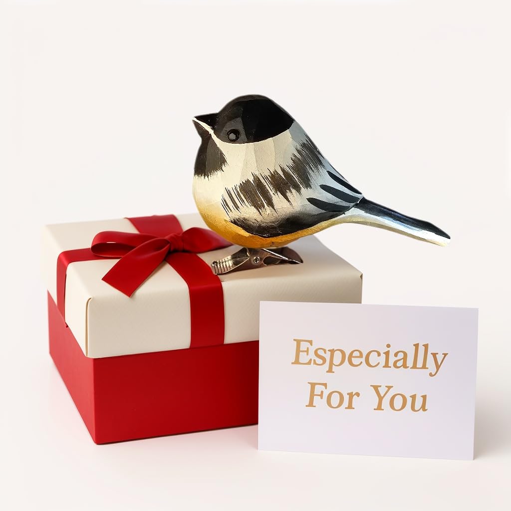 WOODEN ISLANDS Hand-Carved Wooden Bird Clip – Black-Capped Chickadee Figurine, Handmade Ornament, Gift Boxed for Bird Lovers, Home Decor, Especially for You