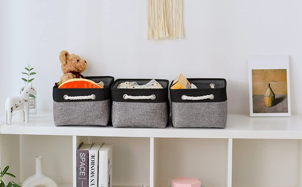 TheWarmHome Storage Basket for Organizing - 14x10x7 inch Medium 3 Pack Collapsible Storage Bin for Shelves with Rope, Fabric Storage Cubes for Organizer Cloth Gift Toy Closet (Black & Grey)
