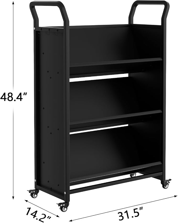 GarveeHome Book Cart, V-Shaped Metal Rolling Cart with 4 Lockable Wheels & Side Hooks, 3-Tier Storage Bookshelf for Home Library School Office Study(32 in x14 in x49 in), Black