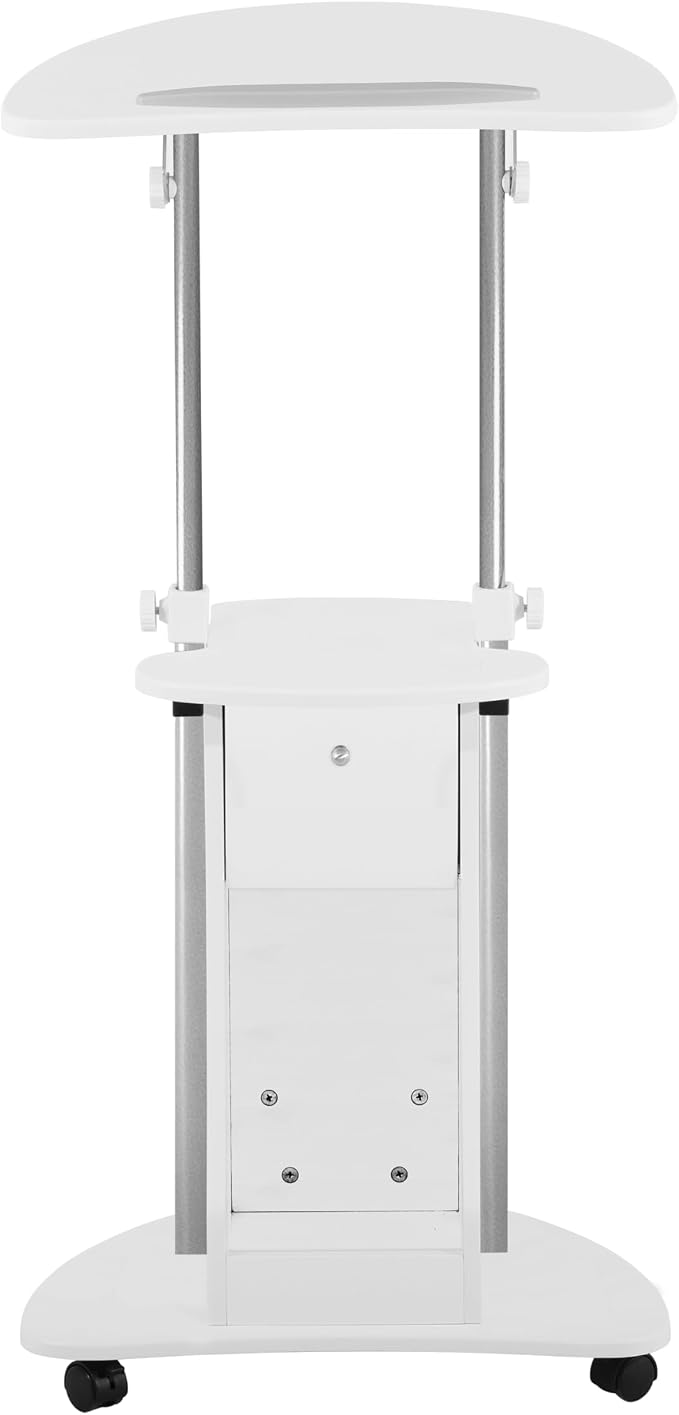 Adjustable Height Rolling Laptop Cart with Storage, Sit to Stand Desk with Wheels, Podium Stand or Medical Cart, White