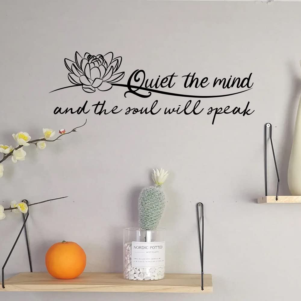 Quiet the Mind and the Soul Will Speak Lotus - Pure Black Vinyl Wall Decal Without Transparent Edge Art Letters Meditation Quotes Decoration Yoga Pilates Sayings