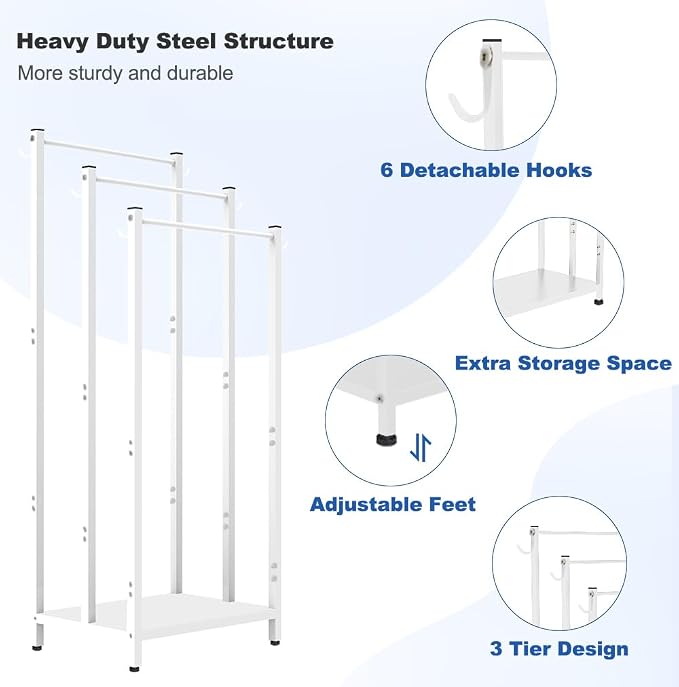 44 Inch Tall Free Standing Towel Rack with Metal Storage Shelf & 6 Hooks for Bathroom, 3 Tiers Heavy Duty Blanket Drying Stand Holder for Outdoor Pool, Bedroom, Living Room, White
