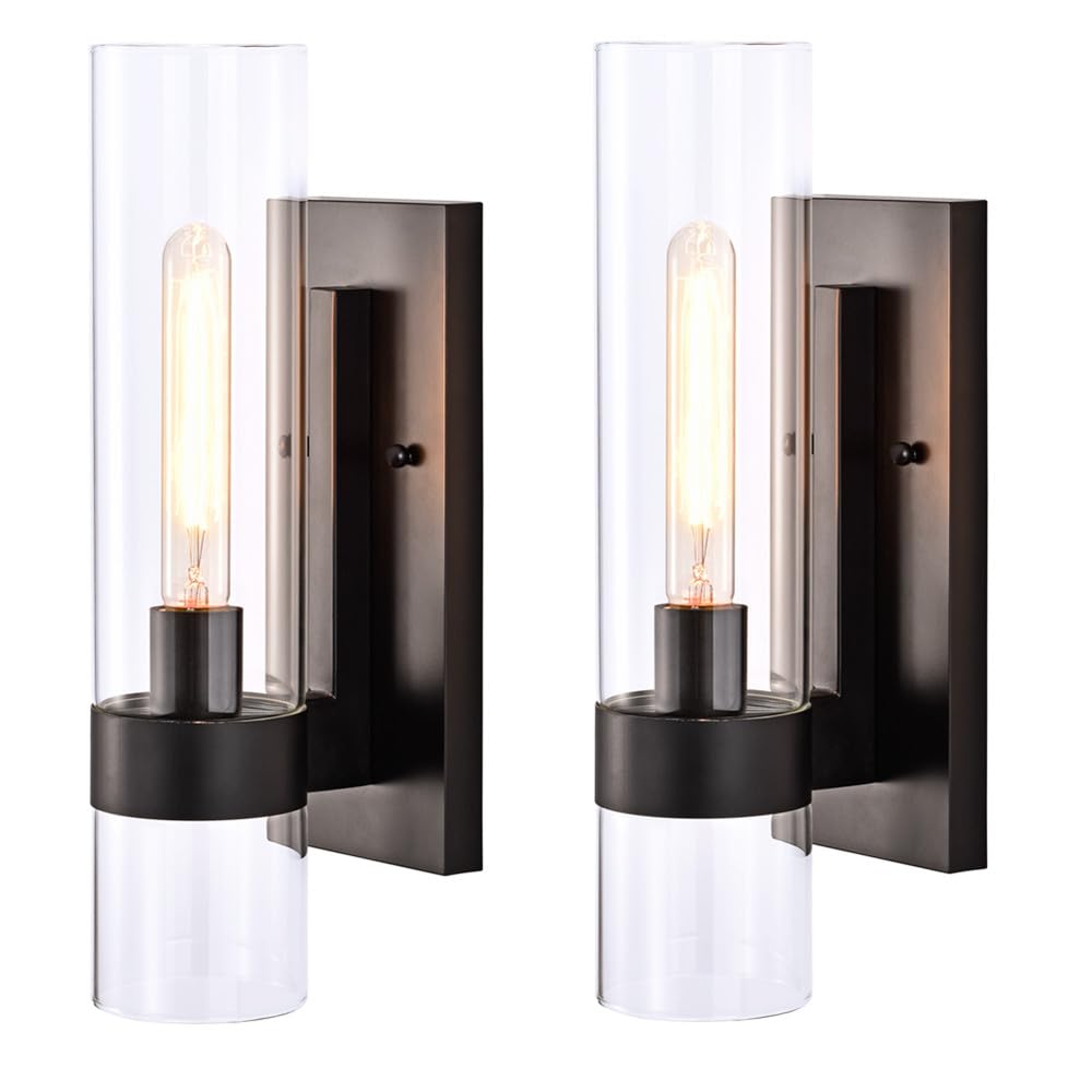 Hyperion house Indoor Wall Sconces Set of Two, Modern Black Bathroom Sconces Wall Decor with Cylinder Glass, Wall Lamps for Bedroom Hallway Vanity Kitchen Lighting Fixtures Set of 2