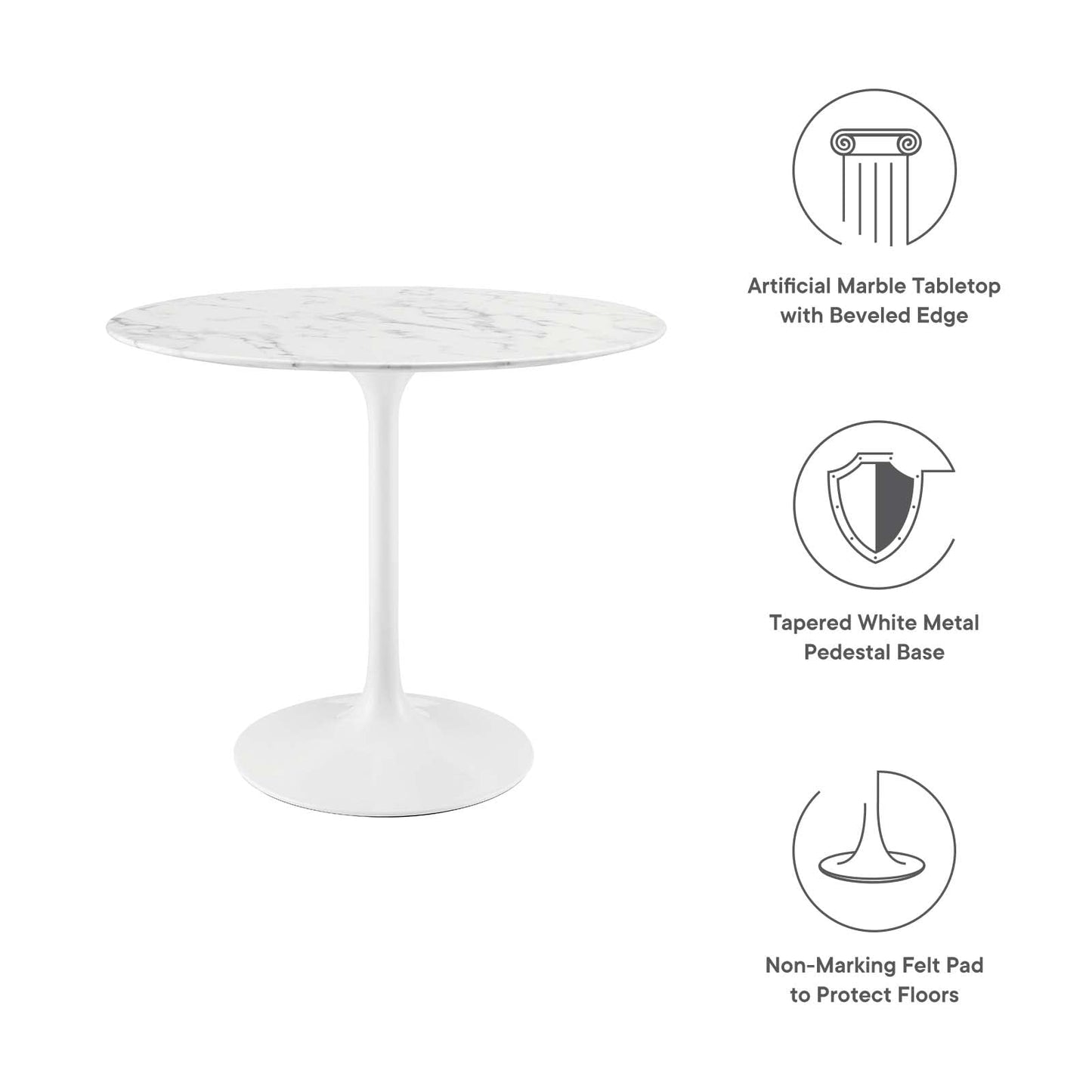 Modway Lippa Round 36" Mid-Century Modern Artificial Marble Dining Table in White