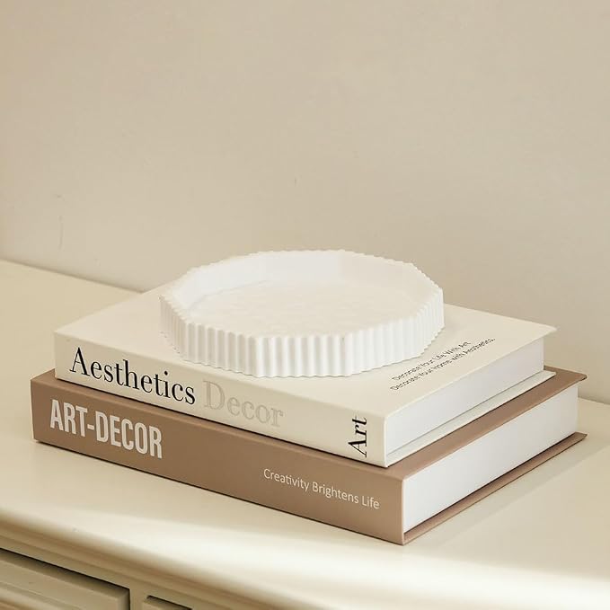Decorative Plaster Tray & Book Decor Set - Scalloped Tray & Decorative Books Box Enhance Coffee Table or Bookshelf Decor - Modern Home Decoration for Living or Dining Room & as Housewarming Gift