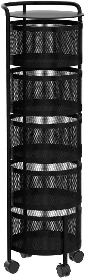 JAQ No Assembly 5-Tier Kitchen Storage Cart with Wheels, Rotating Produce Organizer for Onion, Potato & Vegetable Storage, Large Capacity Pantry Storage Rack, Black