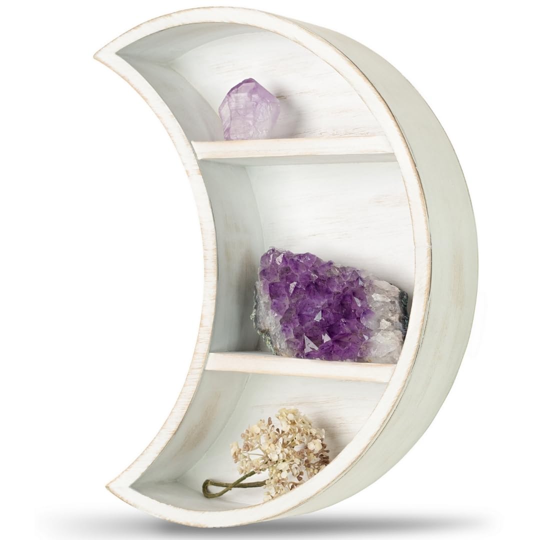 LABEND HOME Moon Shaped Shelf for Crystals - Crescent Moon Shelf Wall Mounted - Half Moon Shelf for Crystal Display, Stones, Trinkets - Reversible Boho Spiritual Décor for Bedroom - White Rustic Wood