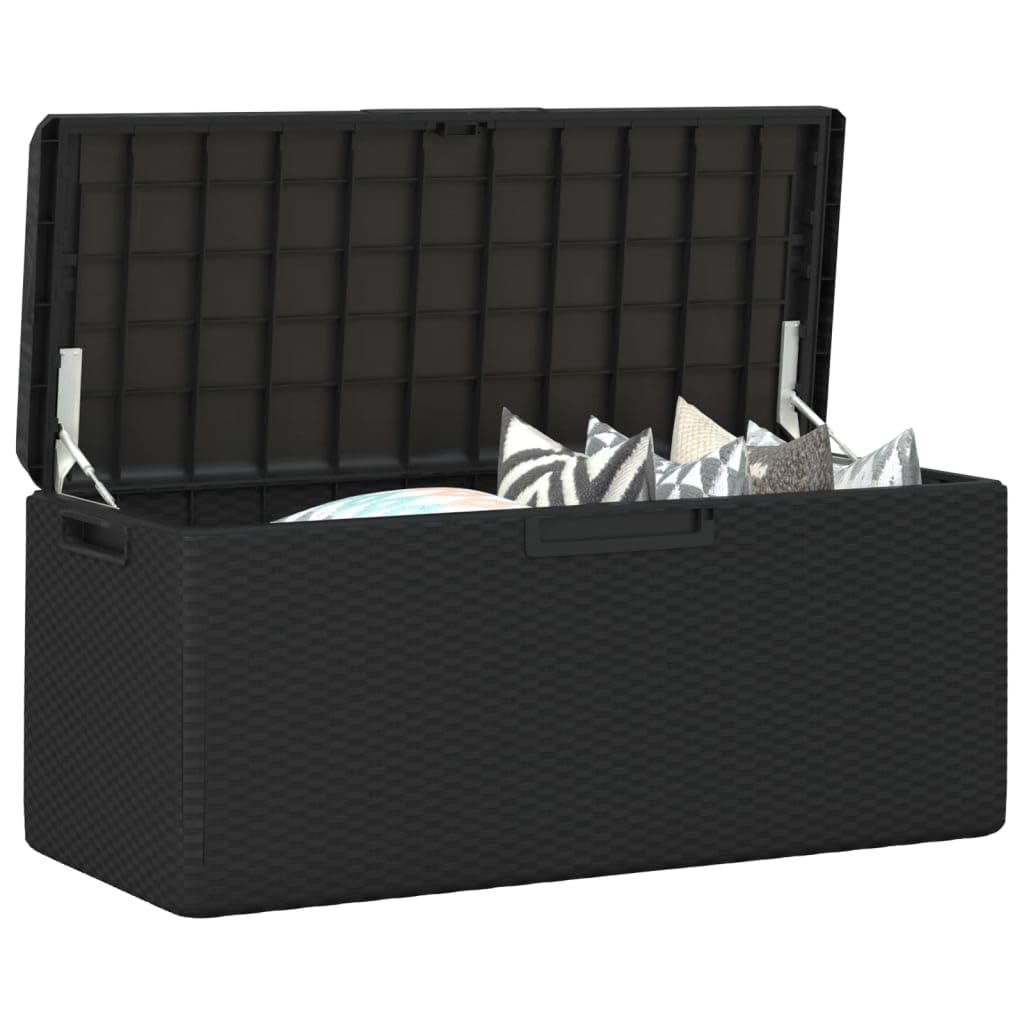 GKHPYURE Garden Storage Box with Cushion, 92.5 Gal Anthracite PP Outdoor Patio Storage Chest with Rattan Look, Gas-Lift Design, Lockable for Cushions Pillows Blankets Toys