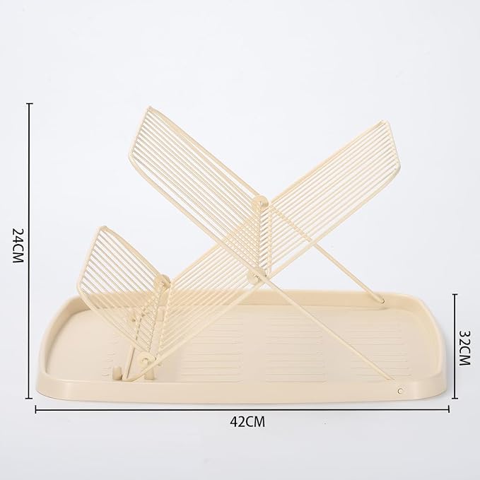 Folding Dish Drying Rack with Drip Tray Collapsible Dish Rack for Kitchen Counter 2 Tier Foldable Dish Drainers for Large Capacity Wire Expandable, Cream