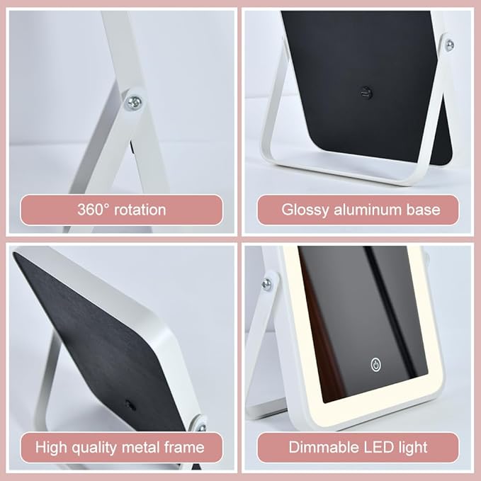 YEKKOPT Rechargeable Vanity Mirror with Lights,Desk Makeup Mirror with Lights,Portable Travel for Makeup Desk ＆ Dressing Room,3 Color Lighting, Dimmable Touch Screen