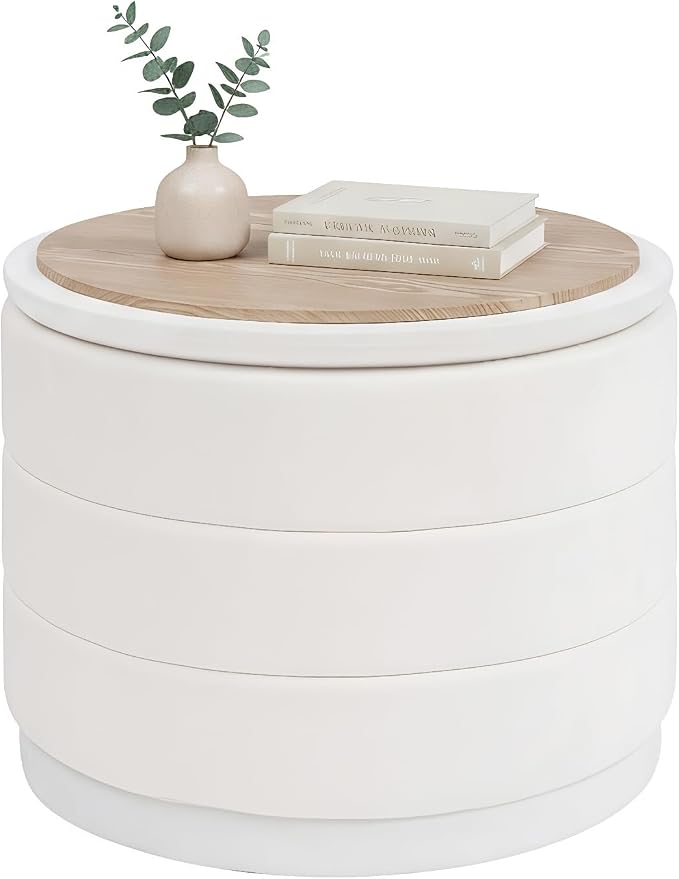 B FSOBEIIALEO Round Velvet Storage Ottoman with Tray, Folding Ottoman with Storage Coffee Table Foot Rest for Dorm Room, Living Room White, 22.83"x22.83"x17.32"