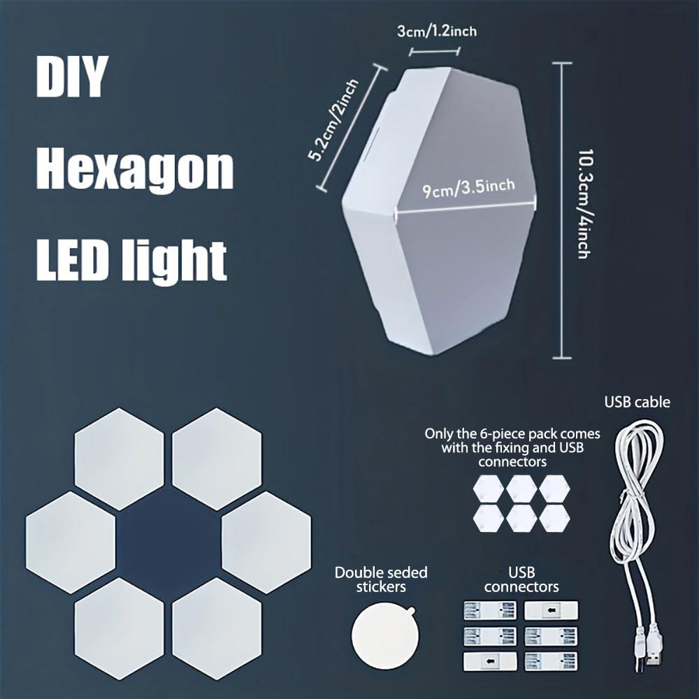 YXQUA Hexagon Lights, Minimalist White Touch Night Light, Center Touch-Sensitive Wall Panels, Hex Light with USB-Power for Autism, Game Room Decor, Party (6)