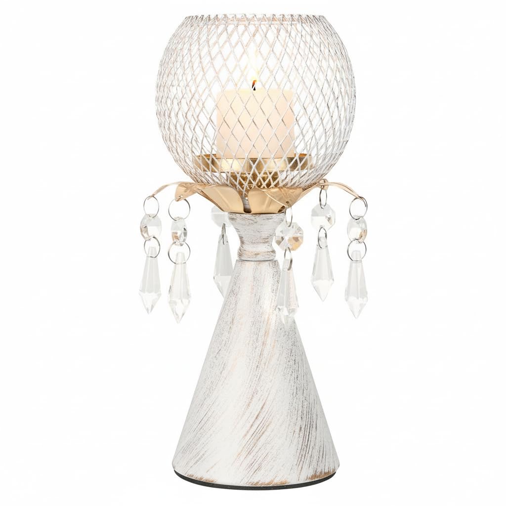 CAUWSAI White Gold Metal Mesh Candle Holder with Crystal Pendants, 9.0" Decorative Pedestal Design, Diamond Globe Top, Matte Finish, Candlestick for Home and Holiday Decor & Valentine's Day