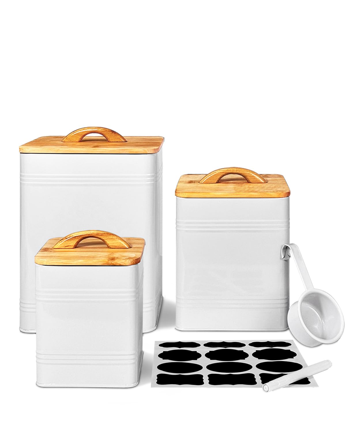 vensovo Kitchen Canister Set of 3 - Large 7 Qt Flour and Sugar Containers Airtight - White Metal Food Storage Jars with Bamboo Lids, Iron Spoon & Erasable Magnetic Labels, Farmhouse Decor for Pantry