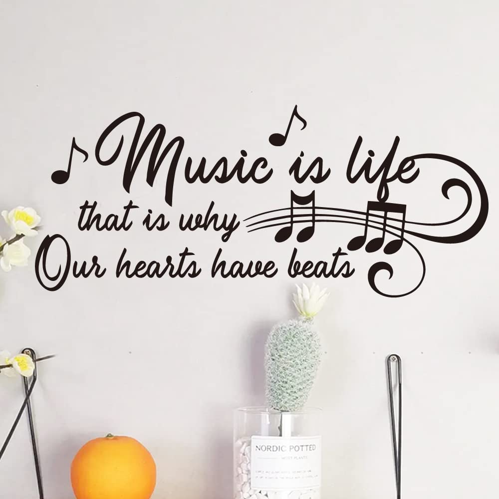 Music is Life that is why Our Hearts Have Beats Notes Music Score Instrument - Carved Black Vinyl Wall Decal Art Letters Quotes Home Decor Wall Letters Without Transparent Edge Not Printed Sticker