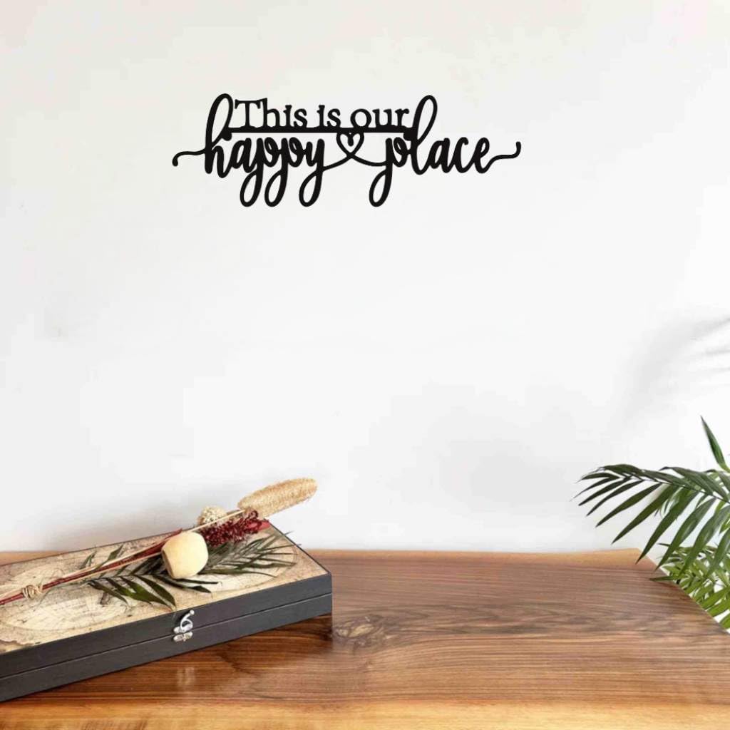 Happy Place Metal Wall Art - Custom Engraved Iron Sign Personalized Family Accent for Sunroom, RV and Outdoor Spaces | Cozy Metal Wall Art