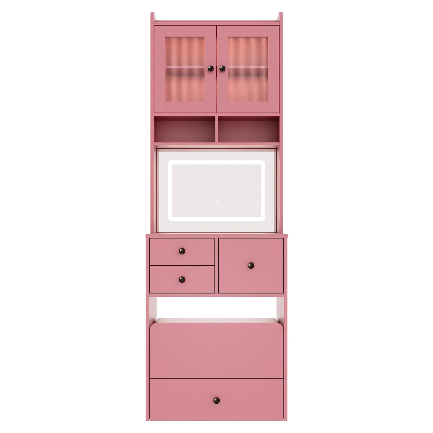 Garvee 3 in 1 Vanity Desk with LED Light, Tall Makeup Vanity Set with 2 AC Outlets & USB-c, Dressing Table with Drawers & Acrylic Doors, Nightstand Vanity Mirror, Jewelry Box, Cushioned Chair, Pink