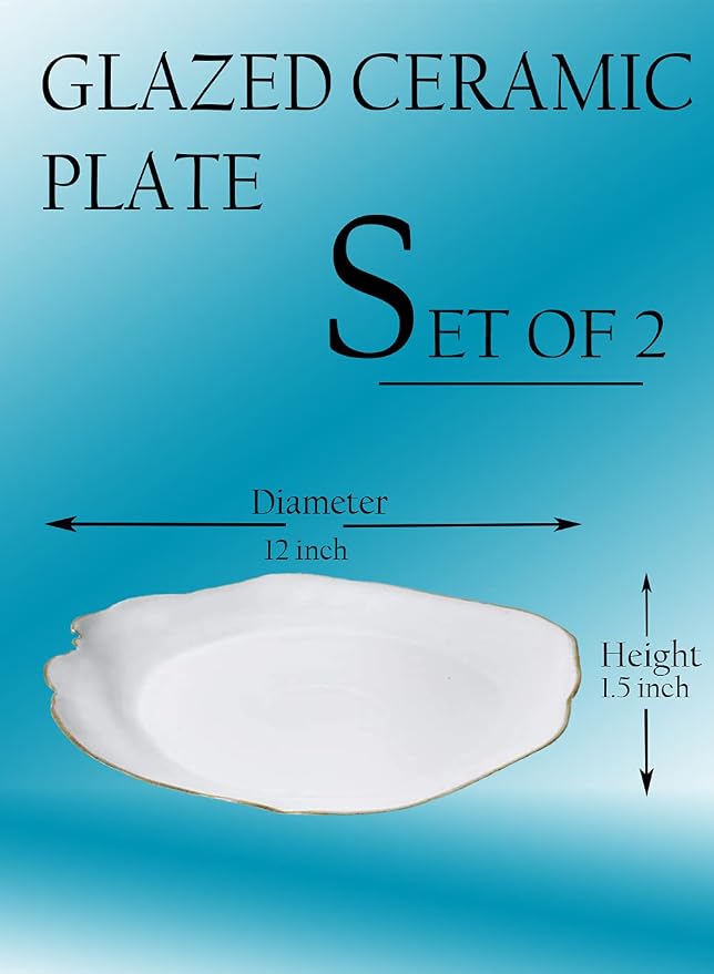 Serene Spaces Living Set of 2 Large Free-Form Edge Glazed Ceramic Plate- Dinnerware for Vintage Weddings, Events, Measures 12" Diameter and 1.5" Tall