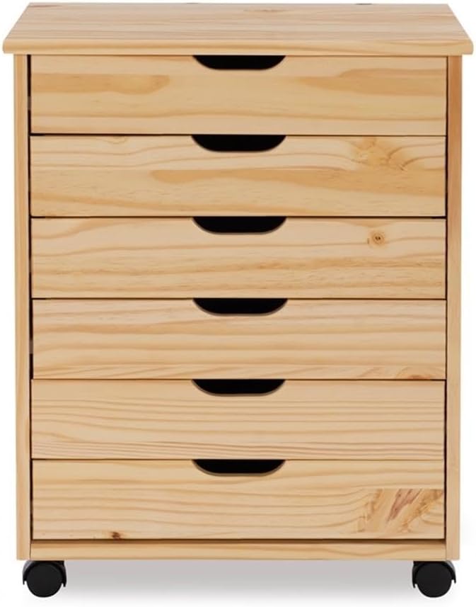 Linon Callie Multipurpose Six Drawer Dresser Wide Wood Rolling File Cabinet Storage Cart in Natural