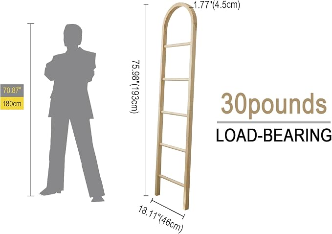 Wooden Blanket Ladder - Natural & Motley Wood - Leaning Wall Decor for Bedroom, Bathroom, Living Room - Rustic Quilt Holder & Towel Rack (Light Wood Color-Curved, 76in（5-Tier）)