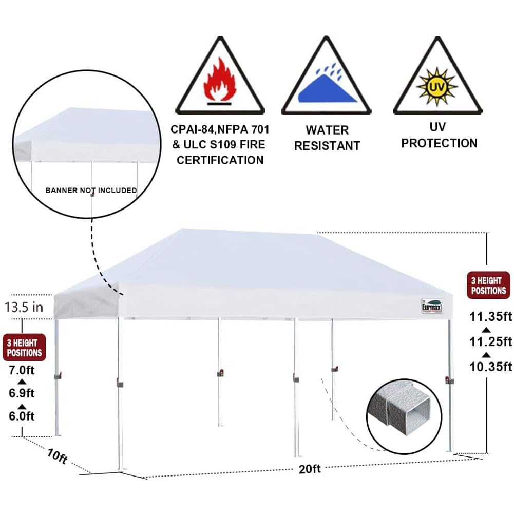 Eurmax USA 10x20ft Pop Up Canopy, Commercial Instant Tent for Outdoor Events, Patented No-Tip Rolling Storage Bag with 6 Sandbags,UV & Water Resistant,Heavy Duty Portable Shelter Gazebo,White