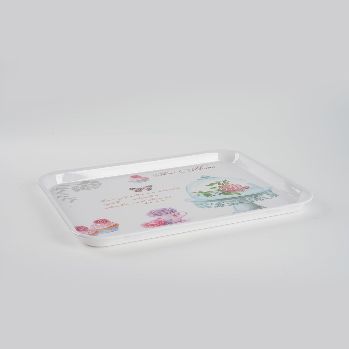 4-Pack Melamine Serving Tray Set - Rectangle Stackable Food Breakfast Fruit Platter with Floral Print for Gift Party Decor Home Restaurant (Cake)