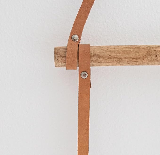 Decorative Wooden Wall Hanging Ladder with Leather Straps – Rustic Towel and Blanket Rack for Bathroom, Living Room, or Entryway Display