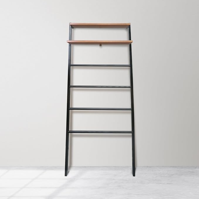 Space Saving 100% Solid Wood 6-Tier Blanket Ladder with Two Storage Shelves - Black/Sweet Oak