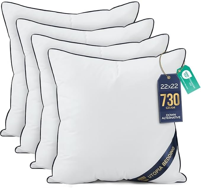 Utopia Bedding Throw Pillow Inserts (Pack of 4, White), 22 x 22 Inches Decorative Indoor Pillows for Sofa, Bed, Couch, Cushion Sham Stuffer