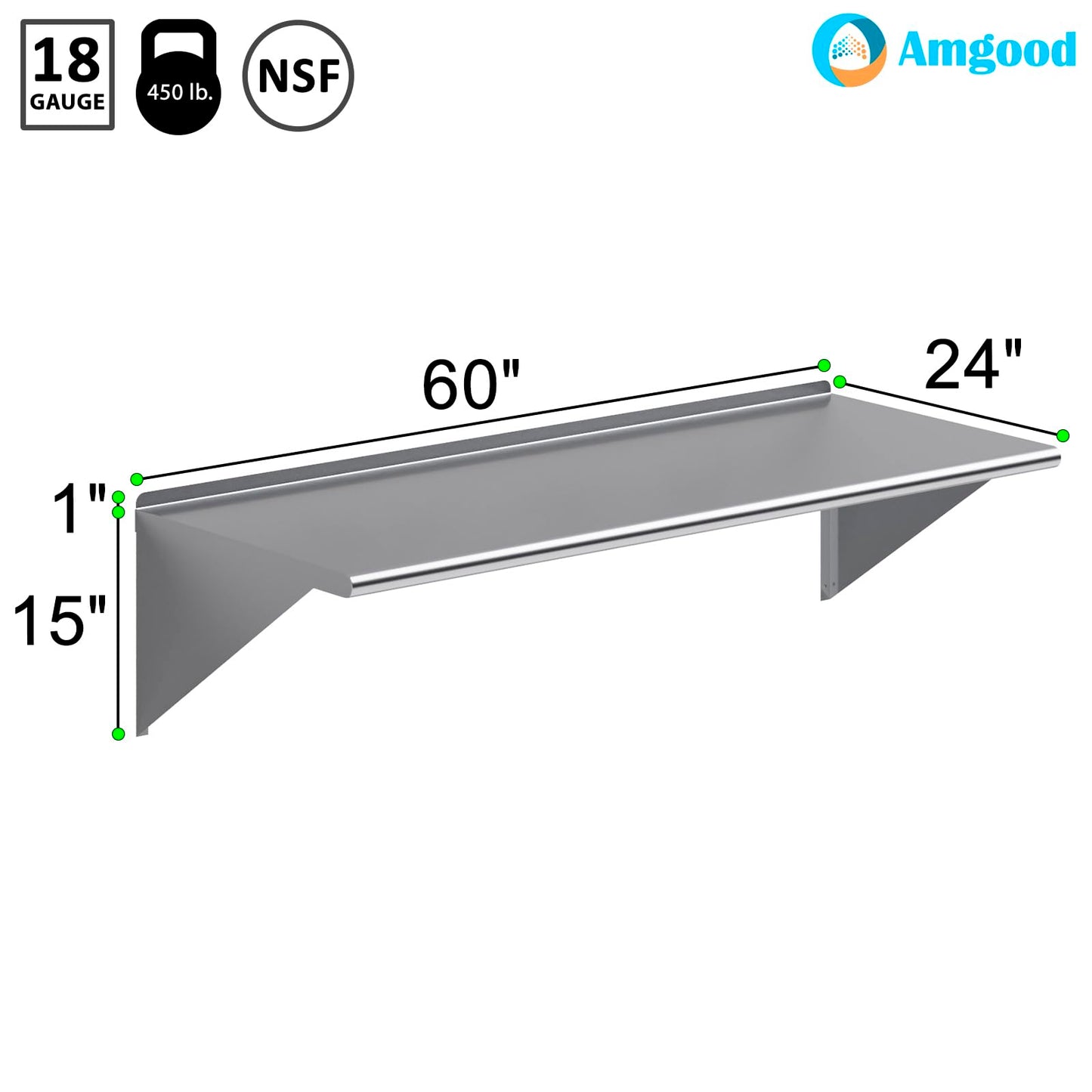 AmGood 24 in. x 60 in. Stainless Steel Wall Shelf | NSF | Metal Shelving | Garage, Laundry, Storage, Utility Room | Restaurant, Commercial Kitchen