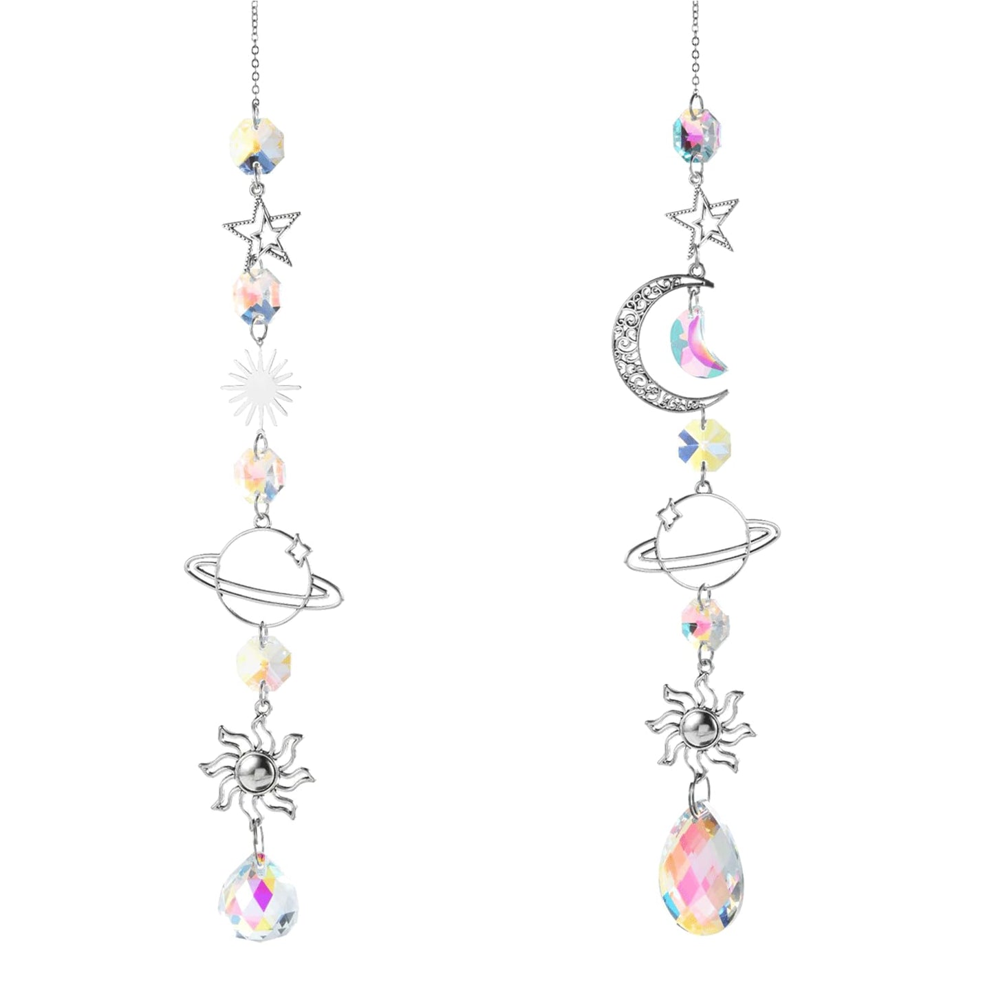 2PCS Moon & Star & Sun Rear View Mirror Car Charm, Crystal Sun Catchers Pendant, Healing Crystals Stones, 13.4in Moon Star Planet Boho Hanging Ornaments for Home & Car Decor