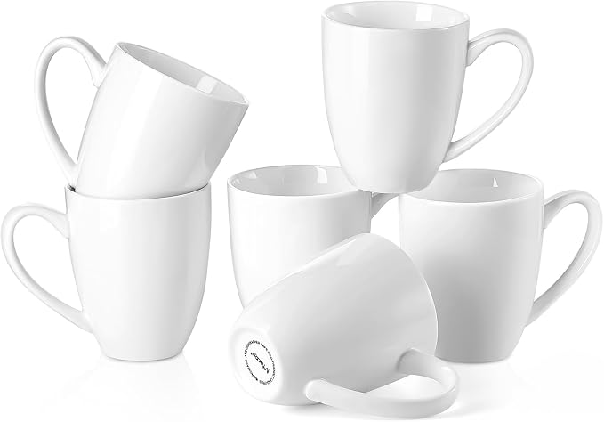 Mfacoy Porcelain Coffee Mugs Set of 6, 13 Ounce Coffee Cups with Handle, Ceramic Tea Mugs for Latte, Hot Tea, Cappuccino, Mocha, Cocoa, Mug Gift Set, Dishwasher and Microwave Safe, White