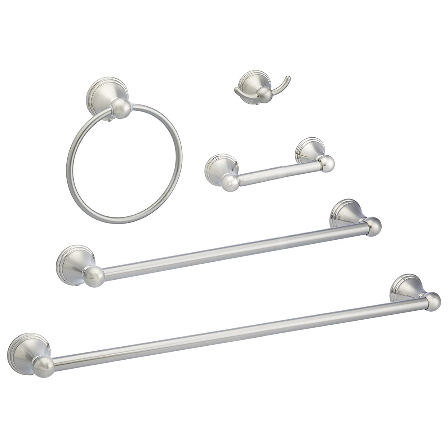 Amazon Basics 5 Piece Bathroom Hardware Set, Satin Nickel, Towel Bar, Toilet Paper Holder, Towel Ring, Robe Hook, AB-BR817-SN