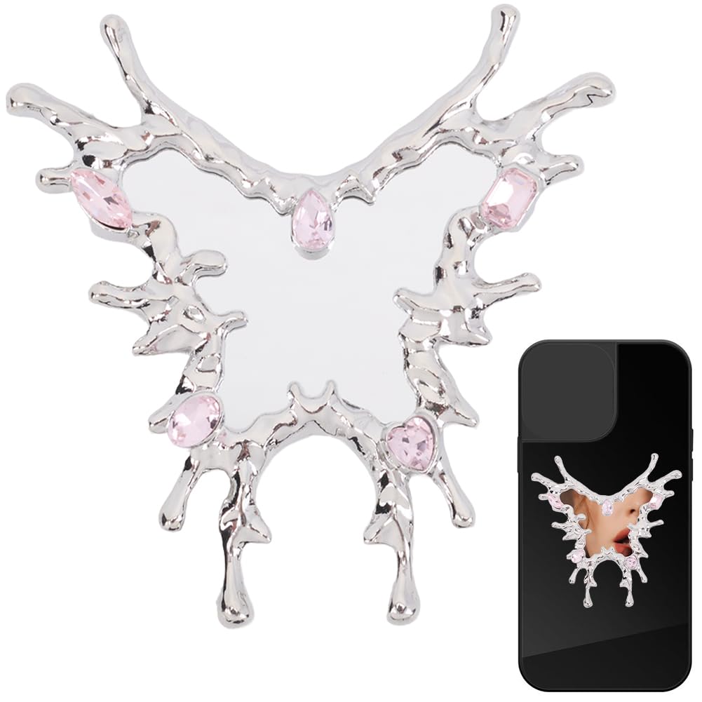 SUNNYCLUE 2pcs Adhesive Mirror Phone Phone Mirror Stick Alloy Rhinestones Bling Silver Butterfly Animal Shaped Cellphone Case Back Glass Decal with Butterflies Stickers for Smartphone Women Gifts