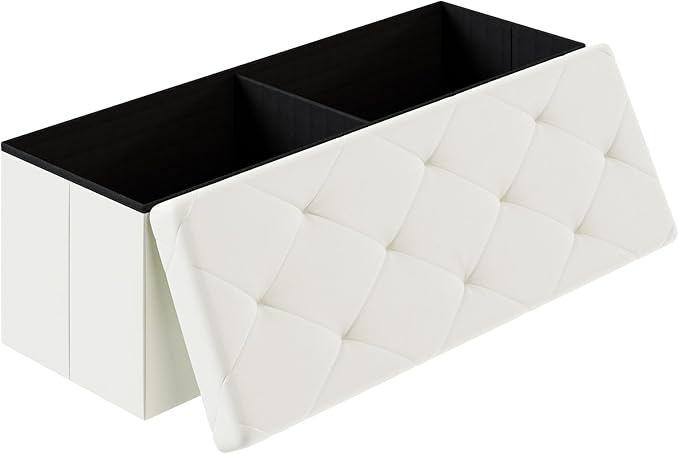 Sweetcrispy 43 Inches Folding Ottoman with Storage Bench, Foot Rest Stool, End of Bed Storage Bench Upholstered, Load 660 lbs, for Living Room, Synthetic Leather, Beige