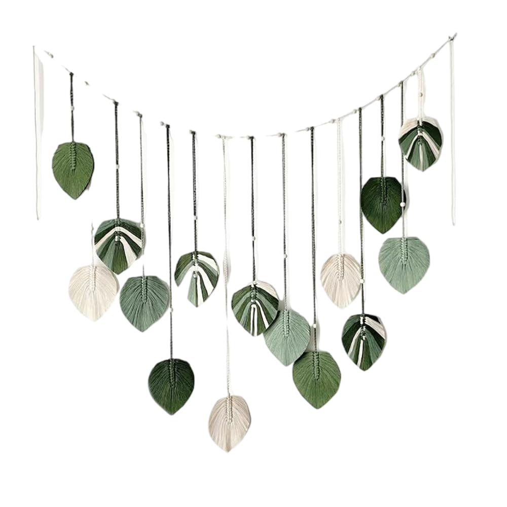 M MANUAL Macrame Leaves Wall Hanging 47.3x29.5Inch Large Chic Feather Boho Macrame Wall Decor Leaf Hanging Photo Display Handmade Woven Wall Art 16pcs Leaf Tapestry - Green