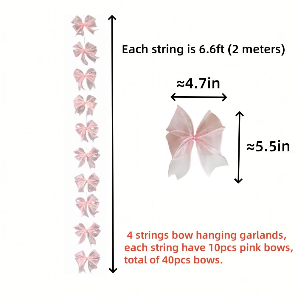 YMASELA Pink Bow Hanging Garlands (6.6ft X4strings) Sheer Chiffon Ribbon Bowknot Hanging Decorations Party Streamers for Wedding Bridal Shower, Girl Bow Theme Bachelorette Party Baby Shower Supplies