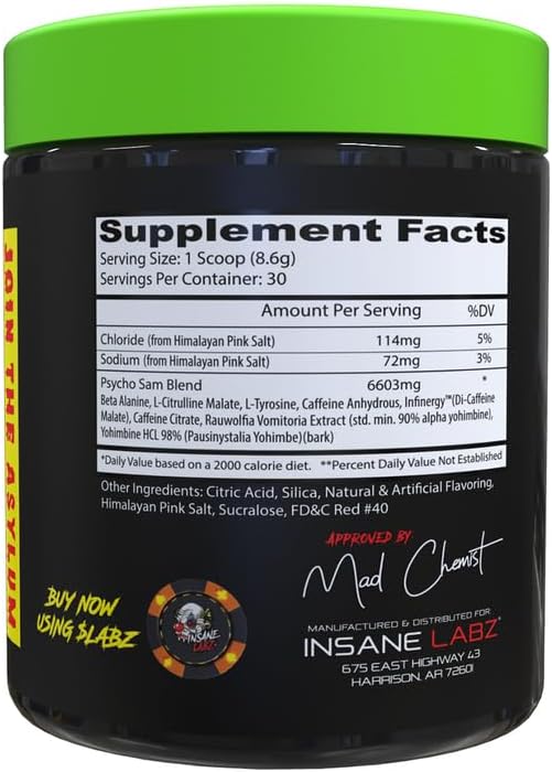 Insane Labz Psycho Sam, High Stimulant Pre Workout Powder, 30 Srvgs (30 Servings (Pack of 1), Watermelon