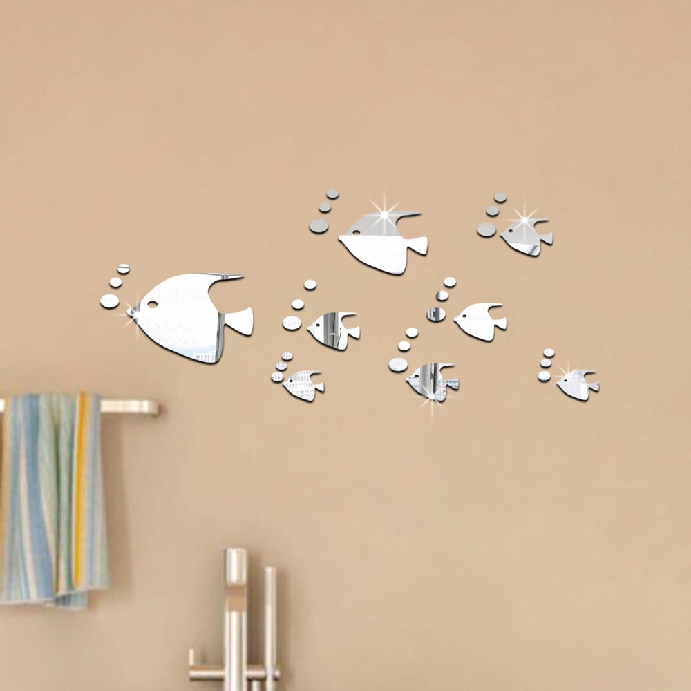 13Pcs DIY Tropical Fish 3D Mirror Wall Sticker Removable Acrylic Wall Decals Home Decor (Silver)