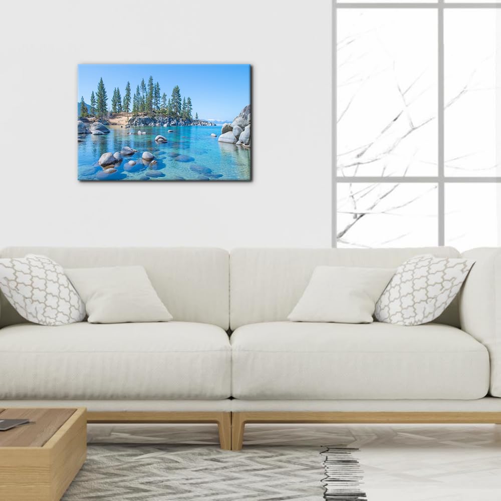 Pacimo Nature Landscape Wall Art Prints on Canvas Modern Poster for Bedroom Office Living Room - Vibrant Forest & Rocky Lake Framed Canvas Wall Art Stretch and Framed Ready to Hang 12"x18"