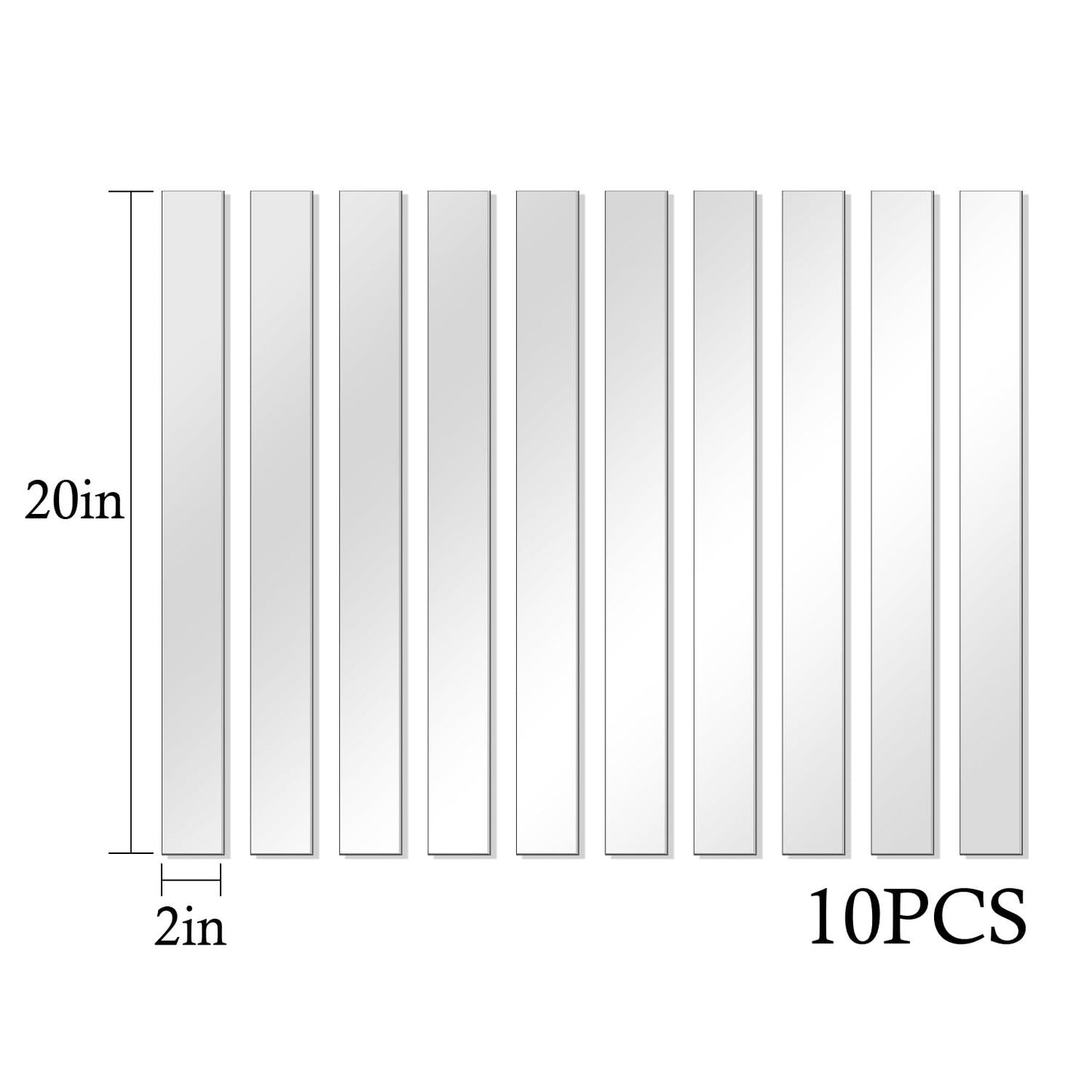 WUTAOBON Mirror Tiles, 2''x20''Mirror Tiles Self Adhesive Stripe Wall Mirror Stickers (Not Glass) Removable Long Acrylic Frameless Mirror Sheets for Home Living Room Bedroom DIY Decor (10Pcs)