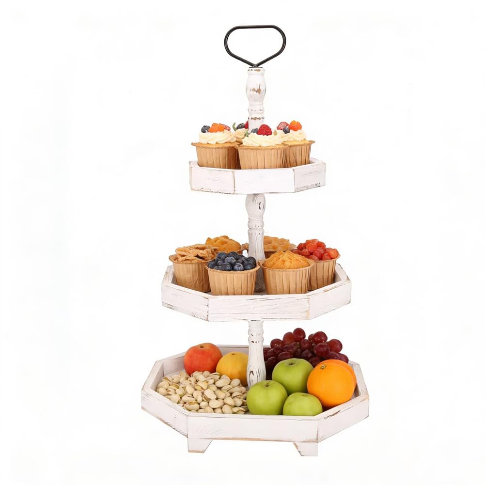 3-Tier Distressed White Wooden Serving Tray - Rustic Tiered Serving Stand for Fruit, Cupcakes, Snacks - Decorative Farmhouse Serving Platter for Party, Wedding, Kitchen Countertop