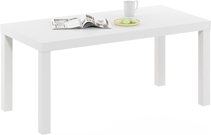Furinno Classic Coffee Table, Modern Rectangle Coffee Table with 1.8 Inch Thick Tabletop, Side Table for Living Room, Home Office, Plain White