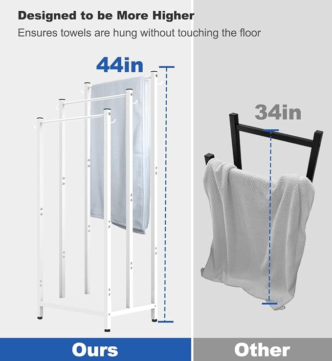 44 Inch Tall Free Standing Towel Rack with Metal Storage Shelf & 6 Hooks for Bathroom, 3 Tiers Heavy Duty Blanket Drying Stand Holder for Outdoor Pool, Bedroom, Living Room, White