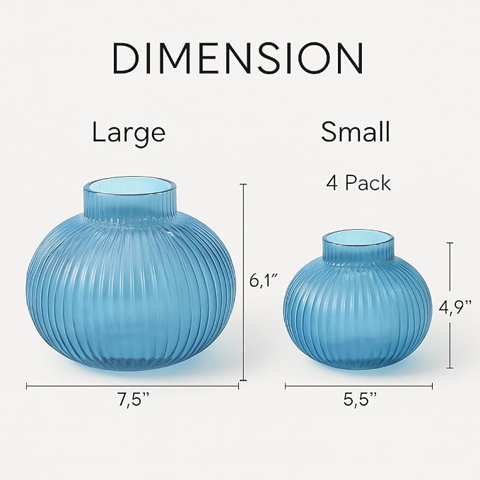 Blue Glass Vases for Tulips, Set of 2, Flower Vases for Bouquet, Ribbed Glass Vase for Flowers, Short Vase for Living Room, Office, Coffee Table, Shelf, Wedding