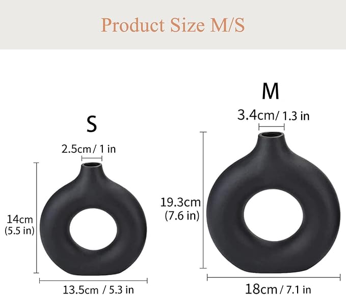 Black Ceramic Donut Vase Set of 2, Hollow Round Matte Pampas Flower Vases for Boho Home Wedding Party Room Dinner Table Shelf Decor.（Black）