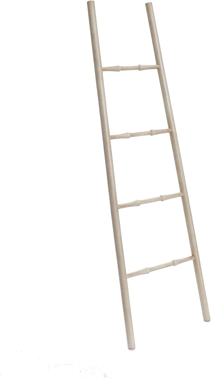 LuxenHome Rustic Blanket Ladder, 61'' Birch Wood 4-Rung Blanket Ladder, Farmhouse Towel Rack Stand for Bathroom Living Room Decor, Towel Holder House Furniture, Home Decor Accessories