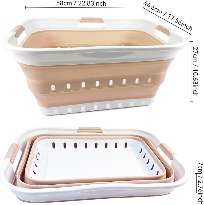 SAMMART 42L (11 gallon) Collapsible Plastic Laundry Basket - Foldable Pop Up Storage Container/Organizer - Space Saving Hamper/Basket (White/Beige)