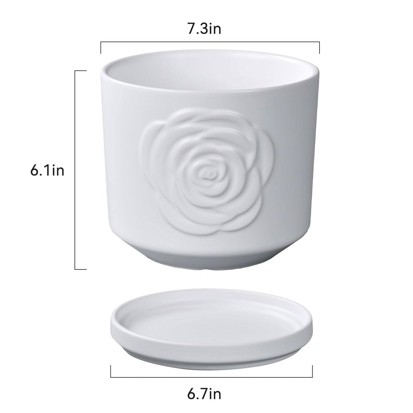 Ekirlin 7 Inch Indoor Plant Pots, White Ceramic Flower Planters, Modern Style Succulents Containers with Drain Hole & Saucer Tray, Weatherproof Pot for Decorate Home,Office & Outdoor (Rose Design)